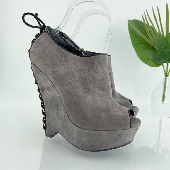 Saint Laurent Madge Suede Wedge Boots Women's Size 36 6 Gray Platform Lace Up - Picture 2 of 16